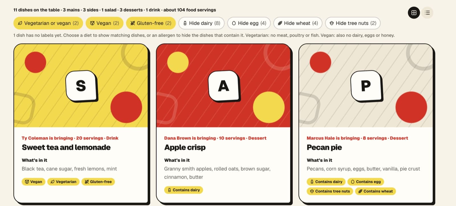 The PlateTell guest page for Friendsgiving 2026: filter chips for diets and allergens above cards for sweet tea, apple crisp and pecan pie, each with its ingredients and labels.