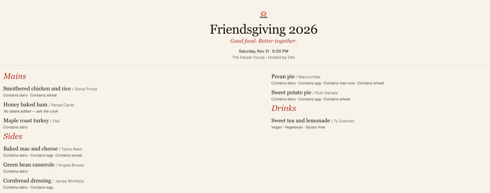 A printed Friendsgiving 2026 menu grouped into mains, sides, desserts and drinks, each dish with its cook and its allergen labels.