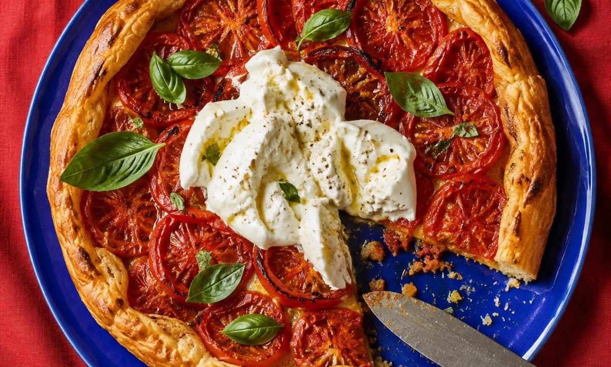 A tomato and burrata tart ready to share